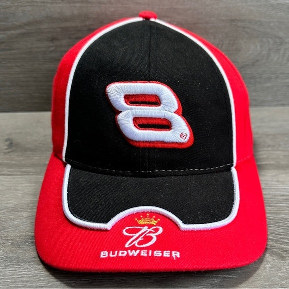 NASCAR BUDWEISER Dale Earnhardt JR #8 Velcro Strap Hat Red/Black - Picture 1 of 4